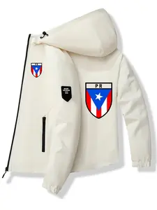 Men's Fashion Jacket with Puerto Rico Flag Logo, Zipper Pocket, Casual Hooded Design, Polyester Material, Spring & Fall Wear