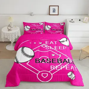 Baseball Comforter Set,Baseball Court Comforter,Eat Sleep Baseball Ball Pattern Bedding Set,Gaming Sports Theme Pink Bedroom Home Decor Quilt Set