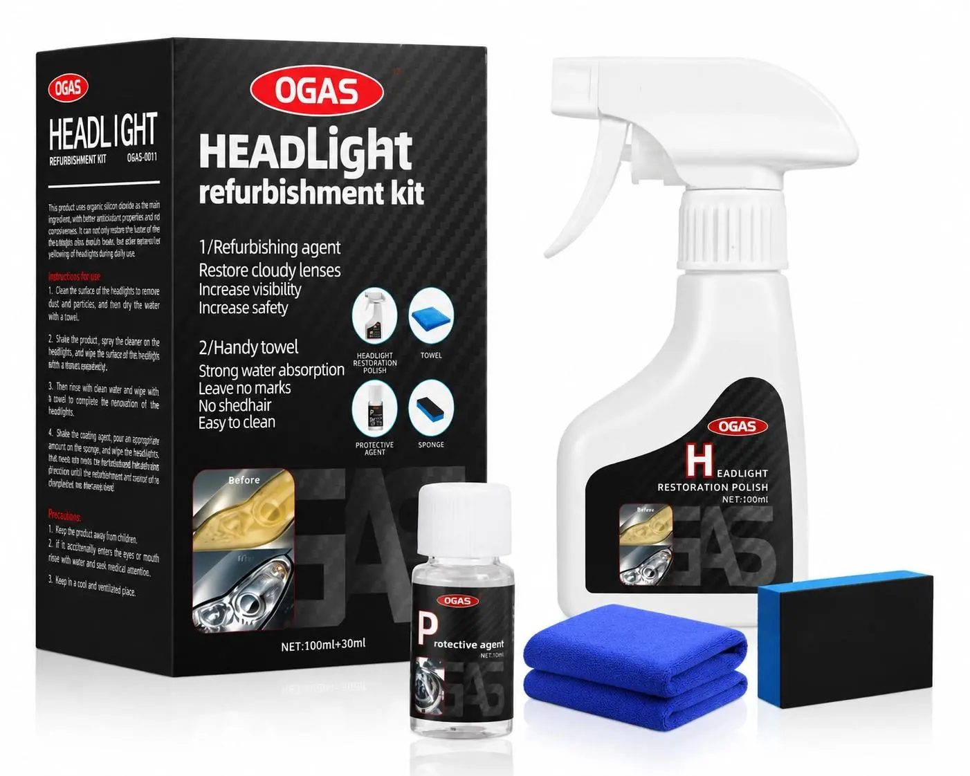Car Headlight Restoration Polishing Kit with Surface Cleaner & Easy-Clean Repair Liquid - 1 Kit, Removes Hazy Film, Restores Clarity, Increases Safety, Fits All Vehicles, Manufacturer Warranty for Car Owners