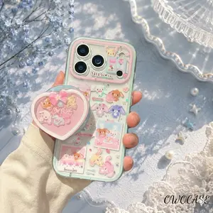 "Sweet Bunnies" Kawaii Phone Case & Heart Shaker Griptok Set - Cute Pastel Pink & Blue Rabbit Phone Holder, Aesthetic Cartoon Cell Phone Accessory for iPhone, Unique Gift for Her