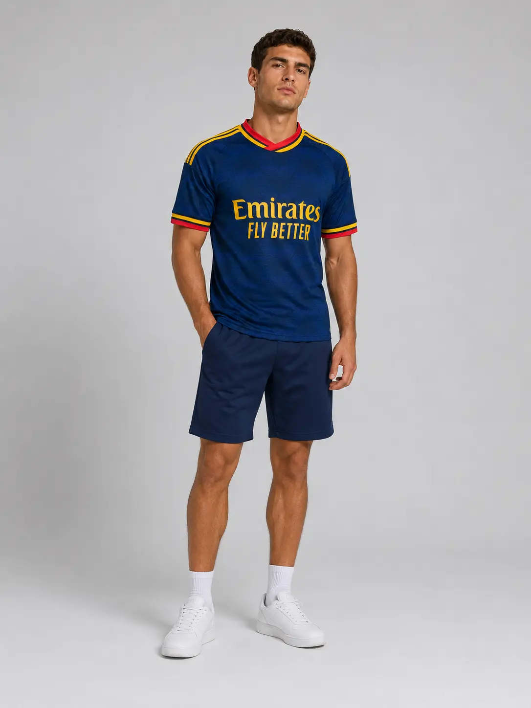 Men’s Navy Soccer Jersey – Red Yellow Trim Football Fan Shirt, Short Sleeve Game Day Sportswear