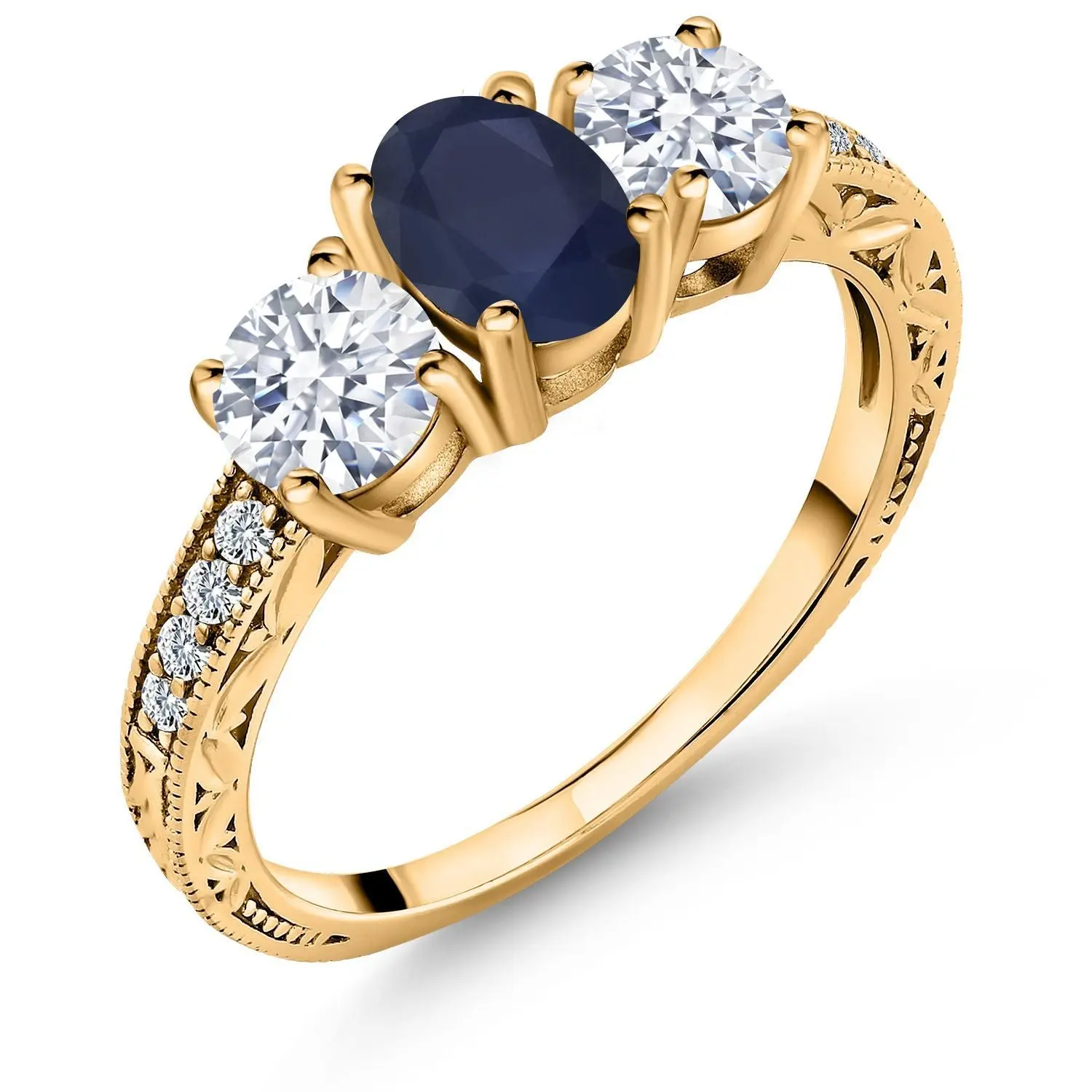 18K Yellow Gold Plated Silver Gemstone Birthstone 3-Stone Engagement Ring for Women | Oval 7X5MM and Round 5MM | Filigree and Milgrain Detail | Three Stone Wedding Anniversary Promise Ring | Size 5-9