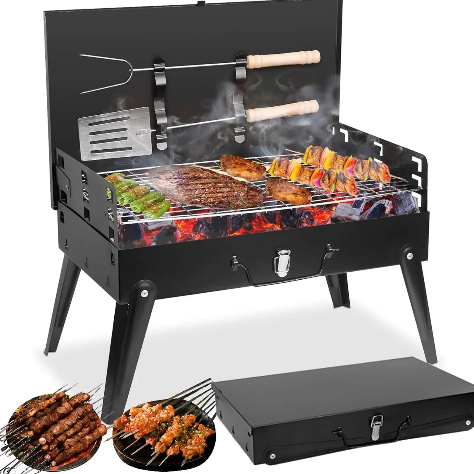 High Quality Steel Portable Foldable Charcoal Grill with Adjustable Rotisserie Spit, Non-Stick Surface, 3-Piece BBQ Tool Set (Shovel, Fork, Clip) - Compact Camping Gear for Backyard Parties, 3+ People Cooking (in-Compatible Design)