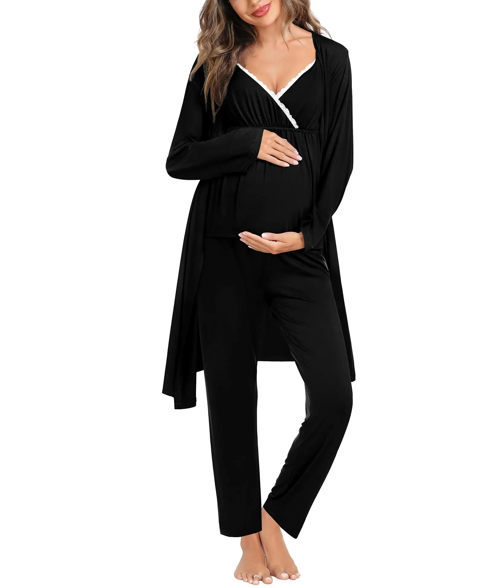 SWOMOG Women's 3-Piece Soft Maternity Apparel, Nursing Pajama Robe Set for Labor & Delivery with Adjustable Pants, Breastfeeding Clothes, Maternity Nursing Gown, Pregnancy, Dark, Long Sleeve, Postpartum, Long Sleeve Shirt, Button, Belly, Elastic, Basic Fi