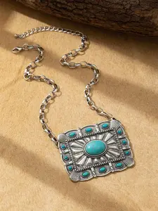 1pc Vintage Bohemian Style Women's Geometric Carved Turquoise Zinc Alloy Chain Pendant Design Necklace, Suitable for Daily Wear