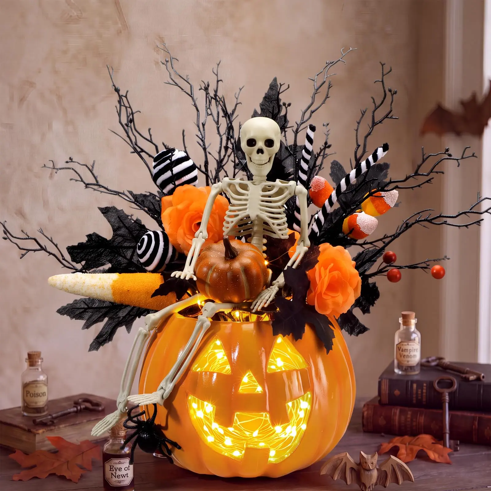 Halloween Pumpkin Decor Halloween Skeleton&Skull with Artificial Flowers for Home Office Table Decor Kitchen Mantel Decor Halloween Table Centerpiece for Halloween Gifts Trick or Treat Spooky Season Halloween Party Haunted House Fall Thanksgiving Decor