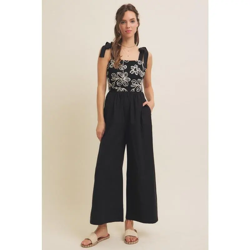 Black Embroidered Floral Jumpsuit
