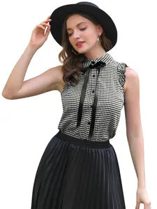 INSPIRE CHIC Women's Bow Tie Neck Blouse Vintage Ruffle Sleeveless Gingham Plaid Shirt