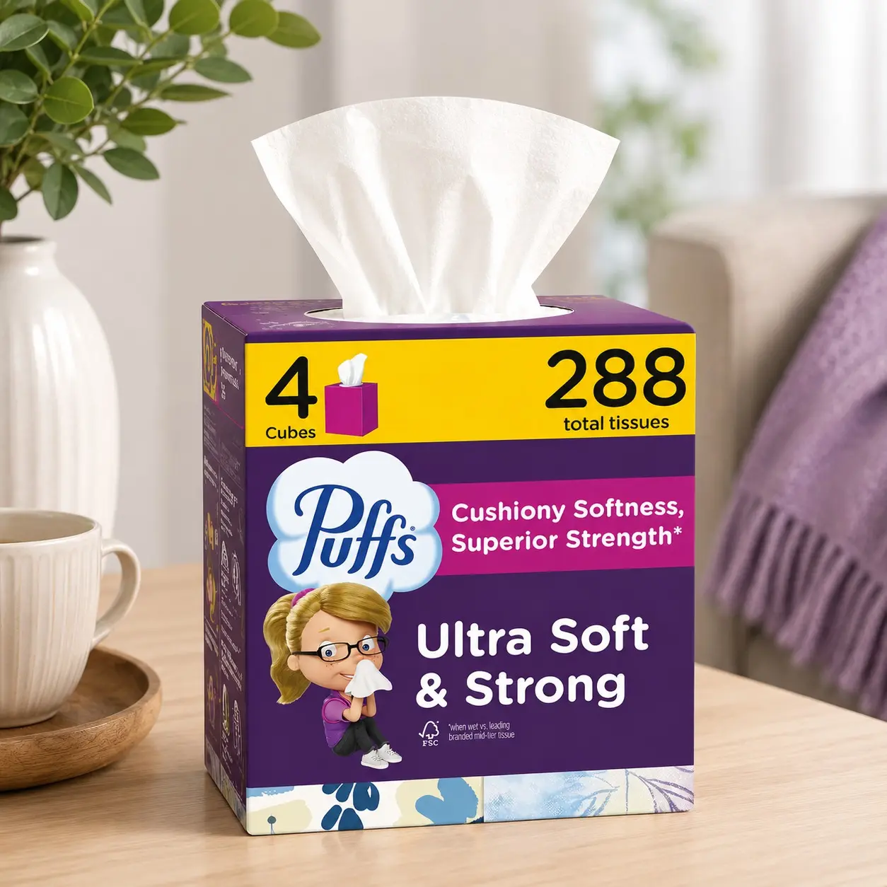 Puffs Ultra Soft Facial Tissues, 4 Mega Cube Boxes, 288 Total Tissues, Soft & Strong 2-Ply Tissues Colds & Everyday Use