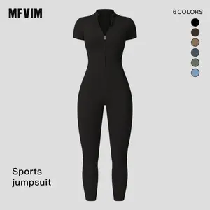 MFVIM  Women's Zip-Up Stand Collar Short-Sleeve Yoga Jumpsuit, High-Elastic Quick-Dry Slim-Fit Waist-Controlled Athletic One-Piece Outfit