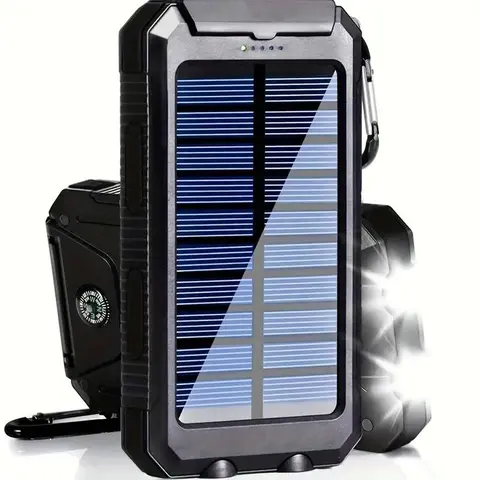 10000mAh Portable Solar Power Bank, with Dual LED Flashlights & Compass, Outdoor Solar Powered Emergency Use Solar Battery Charger for Camping Hiking, High Efficiency Solar