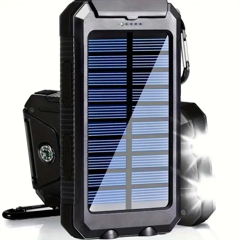 10000mAh Portable Solar Power Bank, Solar Rechargeable Battery, with Dual LED Flashlights & Compass, Outdoor Emergency Use Solar Battery Charger for Camping Hiking, High Efficiency Solar