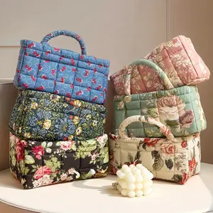 Vintage Floral Print Quilted Cotton Storage Basket Foldable with Handle Multi-functional Organizer for Kitchen Bathroom Bedroom Cosmetic Toy Sundries Home Decor Floral Pattern Basket Collapsible Baskets