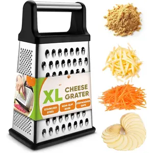 Professional Cheese Grater - Stainless Steel, XL Size, 4 Sides -  Box Grater for Parmesan Cheese, Vegetables, Ginger - Dishwasher Safe - Black