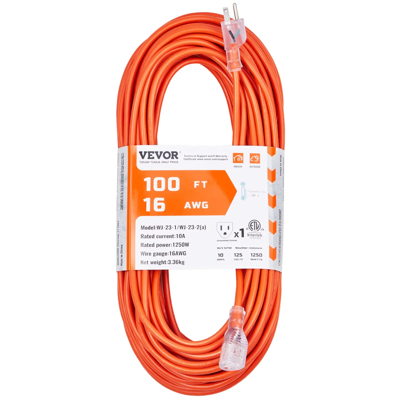 VEVOR 100FT Heavy Duty 16AWG Extension Cable - 10A 1250W 3-Prong with Lighted End, ETL Listed Copper Core AWG Wires, All-Weather Outdoor Electrical Wire, Durable & Wear-Resistant Father's Day Gift, Led Lights