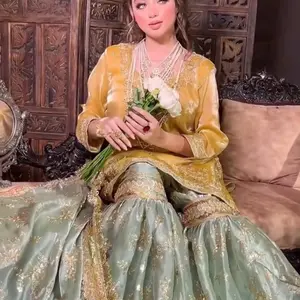 Women yellow sharara set Indian  clothing wedding Eid collection suit party wear