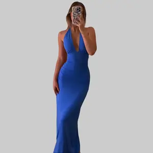 Tie Neck Backless Solid Maxi Dress Sexy Women's Deep V Neck Backless Casual Elegant Bodycon Gown for Summer Party Night Out Beach Vacation Holiday Outfit Dresses