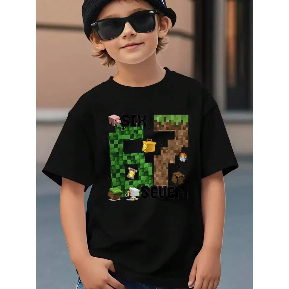 Boys' 100% Pure Cotton Athletic Drop Shoulder Crew Neck Long Sleeve Top - Breathable Fabric, Medium Stretch, Game Print, All Seasons, 7-8y, Pixelated Graphic for Thanksgiving, 9-10Y, Hand Wash, Drop Shoulder Shirt
