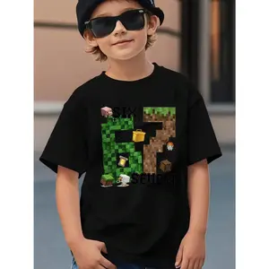 Boys' 100% Pure Cotton T-Shirt - 67-Pixel Game-Style Colorful Square Lantern Stick Torch Pig Pattern, Simulation Gesture Design, Winter Top for Thanksgiving & Christmas