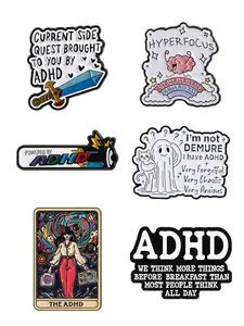 6 Piece Adhd Theme Badges, Creative Energy Bar Tarot Cards, Humorous Self-Deprecating Text Expressions, Neurodiversity Accessories Set