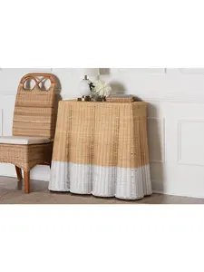 212 MAIN 36 in. Natural Rattan Scalloped Rectangle Console Table - Handwoven Wicker, Metal Frame, 2-Tone Natural Brown & White, Coastal Decor, Fully Assembled, Boho Entryway Table