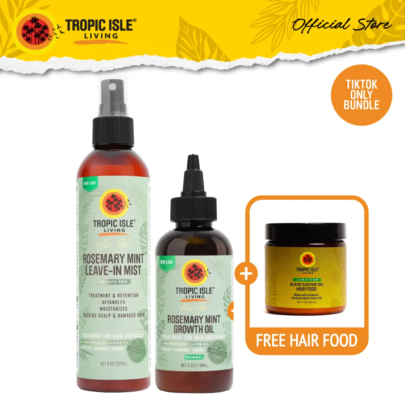 Tropic Isle Living Rosemary Mint Hair Growth Bundle with FREE Coconut Hair Food - Moisturizer, Pre-Shampoo & Updo Scalp Care, Non-Greasy Healthy Scalp Treatment Oil, Refresh, Strengthen, Grow