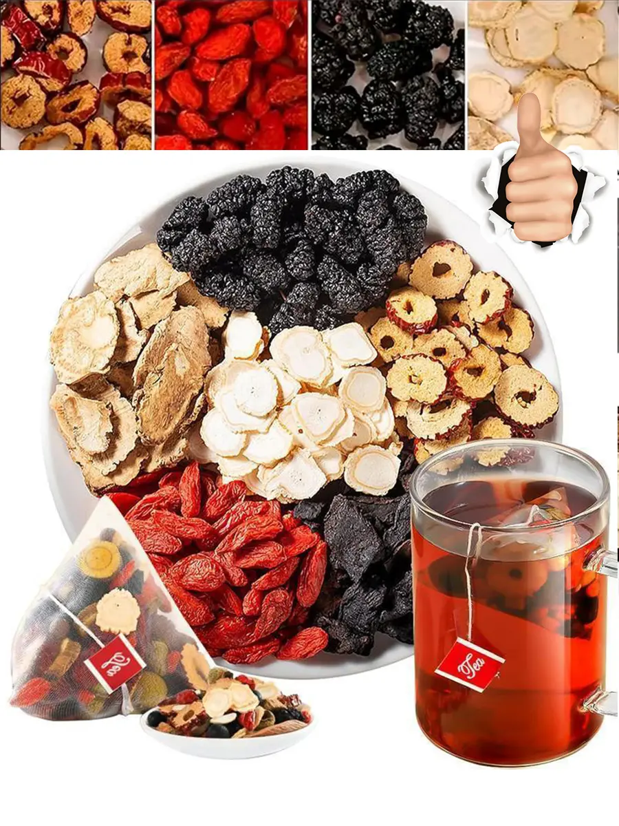 Tea Bag, Kidney Tea Formula, Ginseng, 6 Treasures Tea, Combined Treasures Tea, 6 Treasures Tea, Red Dates, Wolfberry, Men's Tea, Health, Mulberry, Herbal Formula, Organic, Healthy Drink, Caffeine-Free, Natural