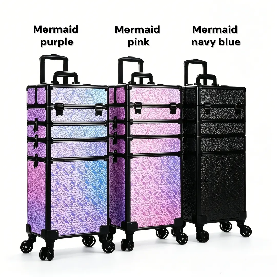 KEEYOTEK Modern Rectangular Iridescent Mermaid Texture Rolling Cosmetic Storage Box - Aluminum Frame Trolley with 360° Silent Wheels, Wear-Resistant Sturdy Large Organizer for Makeup Artists, Makeup Travel