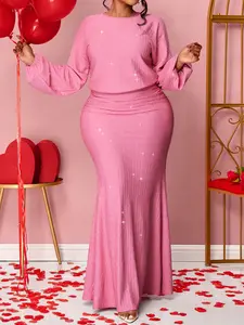 Plus Size Women's Elegant, Casual, Aesthetic And Chic, Lady Solid-Color Long-Sleeved High-Waisted Pleated Slim-Fit Dress, A Versatile Dress Suitable For All Seasons, Perfect For Parties, Valentine's Day, And Dates, Womenswear