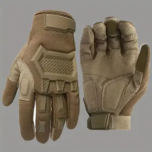 1 Pair of Men's Tactical Full Finger Touch Gloves - Breathable, durable nylon knit fabric, 100% polyester, windproof, non-slip grip, camouflage pattern, pull-on closure, reinforced hexagonal padding on palm and knuckles, hook-and-loop fasteners, ideal for