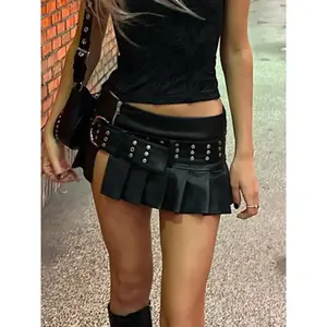 Women's PU Leather Skirt, High-Waisted Pleated Design, Street Fashion Punk Style, Perfect for Parties & Music Festivals