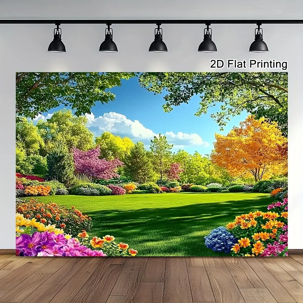 1pc Flat Print Polyester 2D Spring-Summer Scenery Banner - Large Durable Backdrop with Cherry Blossoms, Greenery, Balloons - Lightweight Happy Birthday Wedding Garden Party Photo Backdrop