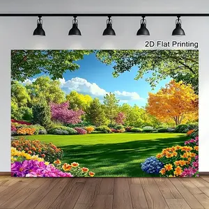 1pc 2D Flat Polyester Spring-Summer Scenery Banner - Large-Scale Durable Backdrop with Cherry Blossoms, Greenery, Balloon Designs for Weddings, Birthdays, Garden Parties - Lightweight Photo Backdrop, Birthday