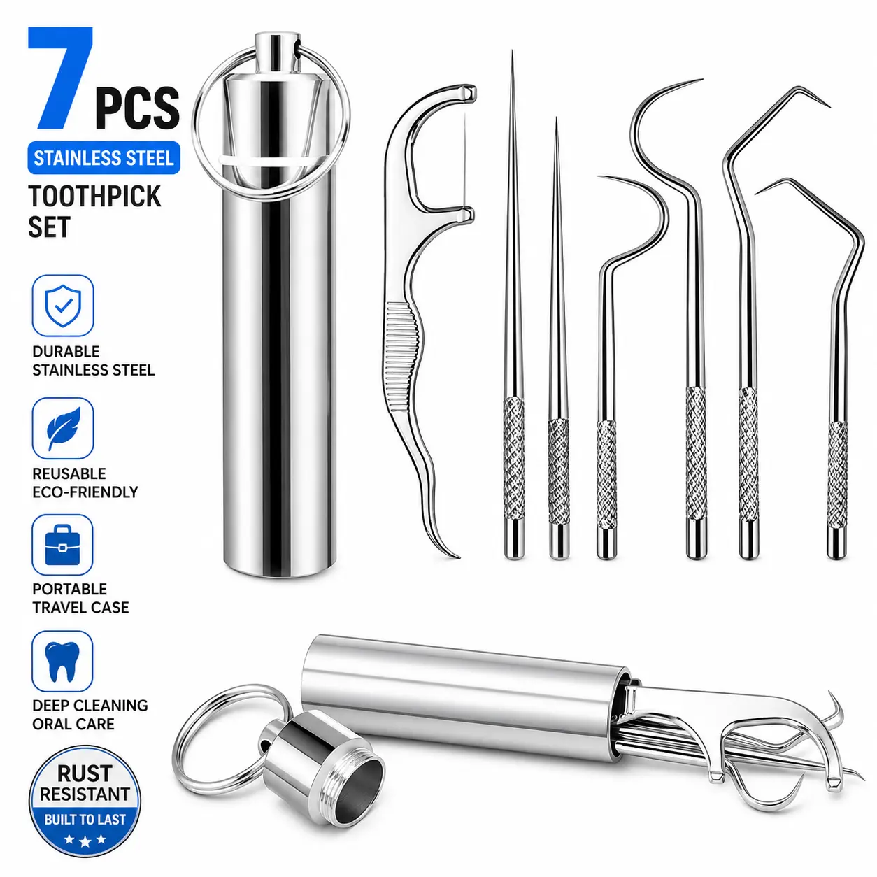 Dental Kit Tools, 7 Pack Stainless Steel Plaque Remover, Dental Tools to Remove Plaque and Tartar, Oral Care Kit with Plaque Cleaner, Tartar Pick, Tooth & Tongue Scraper for Dentist, Personal, Family