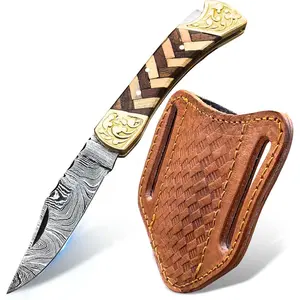 7"Handmade Damascus Pocket Knife with Sheath,  Folding Hunting Knife with Wood Handle, Small Camping Knife for Outdoor