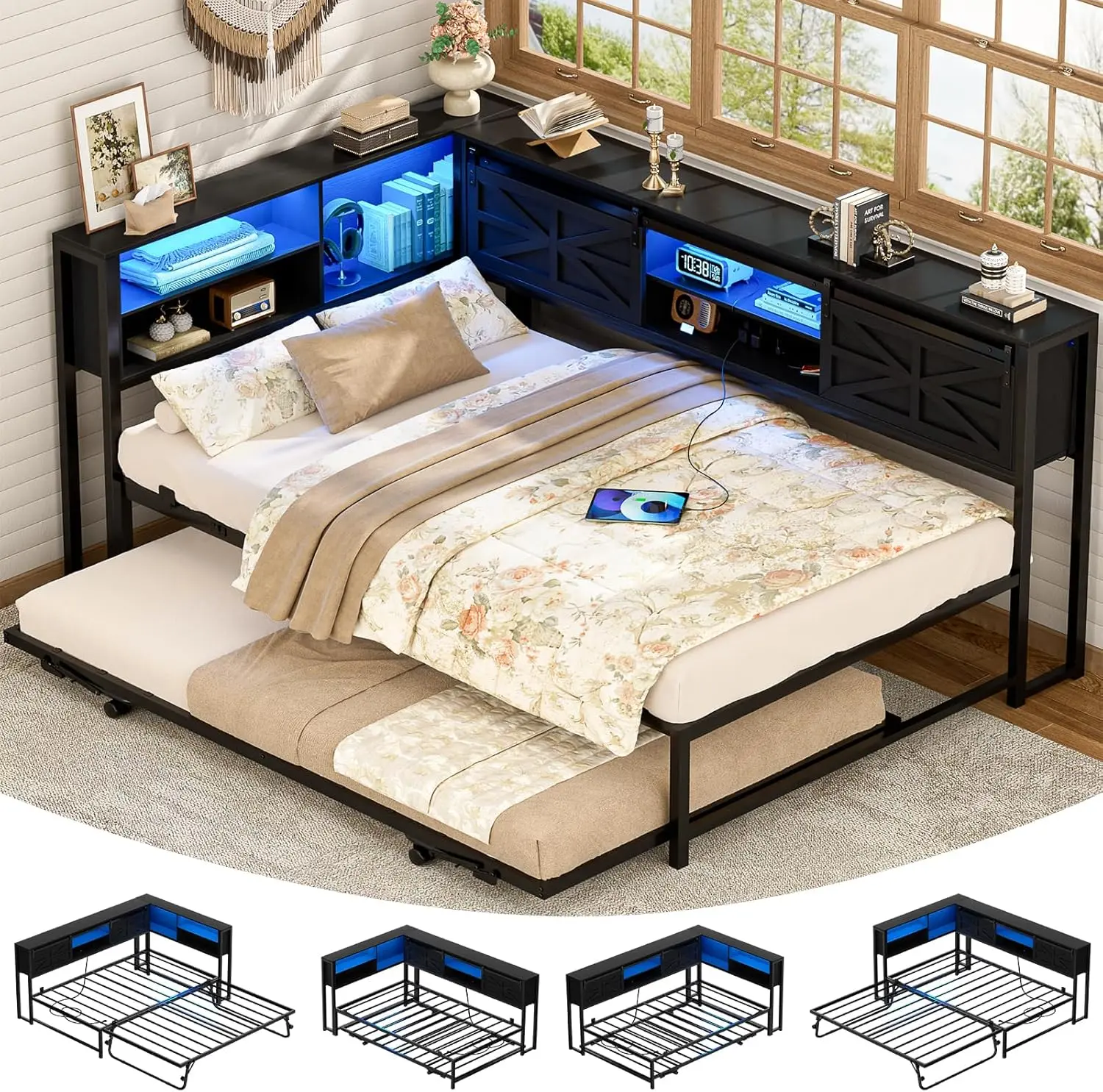 iSunirm 2-in-1 Wood-Framed Self-Assembling Corner Twin Daybed Bedroom Bedframe - Pop-Up Trundle, Charging Station, LED Lights, Storage Bookcase Headboard Indoor Furniture (Frame Only, No Mattress), Bed Frames