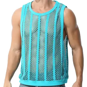 Men's Mesh Tank Tops Fishnet Sleeveless Shirts Square Neck Sexy Undershirts See Through Tops for Men