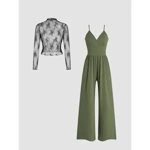 Women’s ditsy floral print lace top and cami jumpsuit two-piece set; casual long-sleeve top and wide-leg jumpsuit for everyday wear; ladies’ two-piece outfits for all seasons; going-out sets; summer two-piece set GARMENTARY