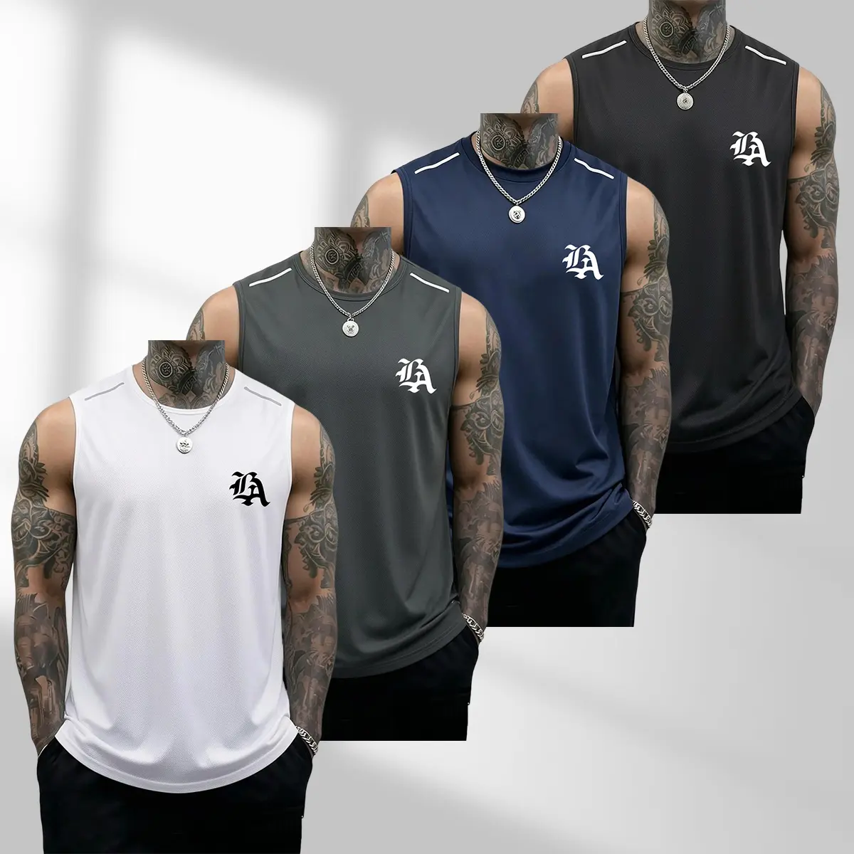 Men's 4-Pack Solid Polyester Muscle Tank Tops, Sleeveless Cut Shirts for Summer Fitness and Gym Workouts, Fashion, Bodybuilding, Male, Sports, White + Dark Gray + Army Green + Light Gray, Xxl
