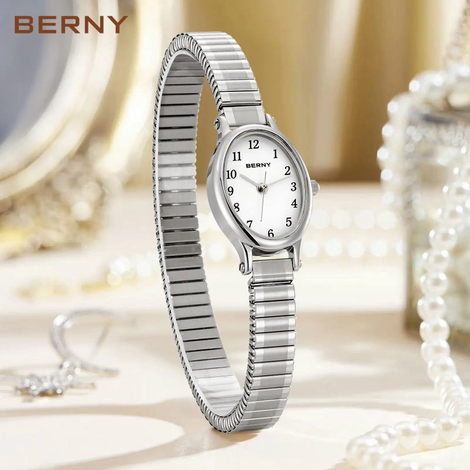 BERNY Silver Watches for Women High Quality Oval Wristwatch Dainty Ladies Quartz Watch Waterproof Adjustable Stainless Steel Expansion Stretch Band Tools Included Minimalist Elegant Fashion Birthday Gift, Reloj, Fashion Summer Accessories