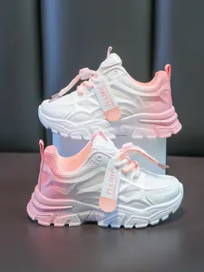 Kids Gradient Color Chunky Sneakers, Breathable Mesh Upper with White to Pink/Blue Ombre Design, Quick Lace Closure, Soft Cushion Midsole, Casual Athletic Shoes for Boys and Girls, All-Season School and Daily Wear, Thick Soled Trainers