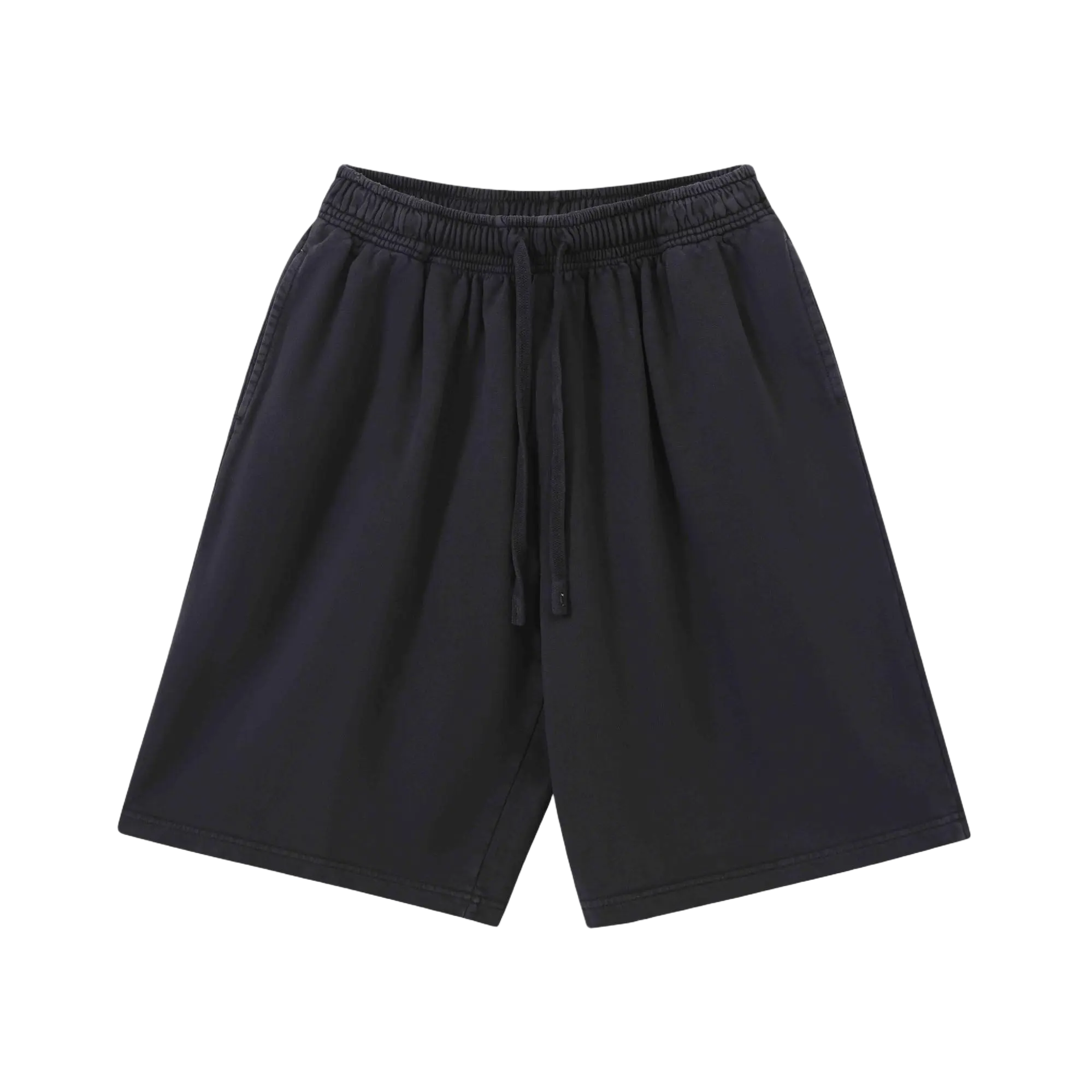 Men's Black Stretch  Shorts, Cotton Fabric, Loose Fit Cropped Pant  European and American retro style, large fleece, plus size, OVERSIZE with drawstring, Plain, Casual, Menswear, Black Shorts, Casual Wear Shorts