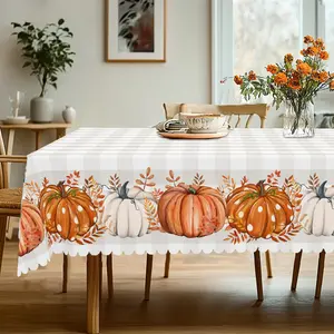 1pc Thanksgiving Pumpkin Tablecloth - Gray & White Checkered with Vibrant Orange & White Pumpkins, Fall Autumn Decor for Indoor/Outdoor Use, Rectangular Shape, Festive Holiday Table Setting Checkered Pattern | Tablecloth, Pumpkin Decorations