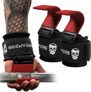 Gymreapers Premium Padding Lifting Hooks - Red, for Barbell