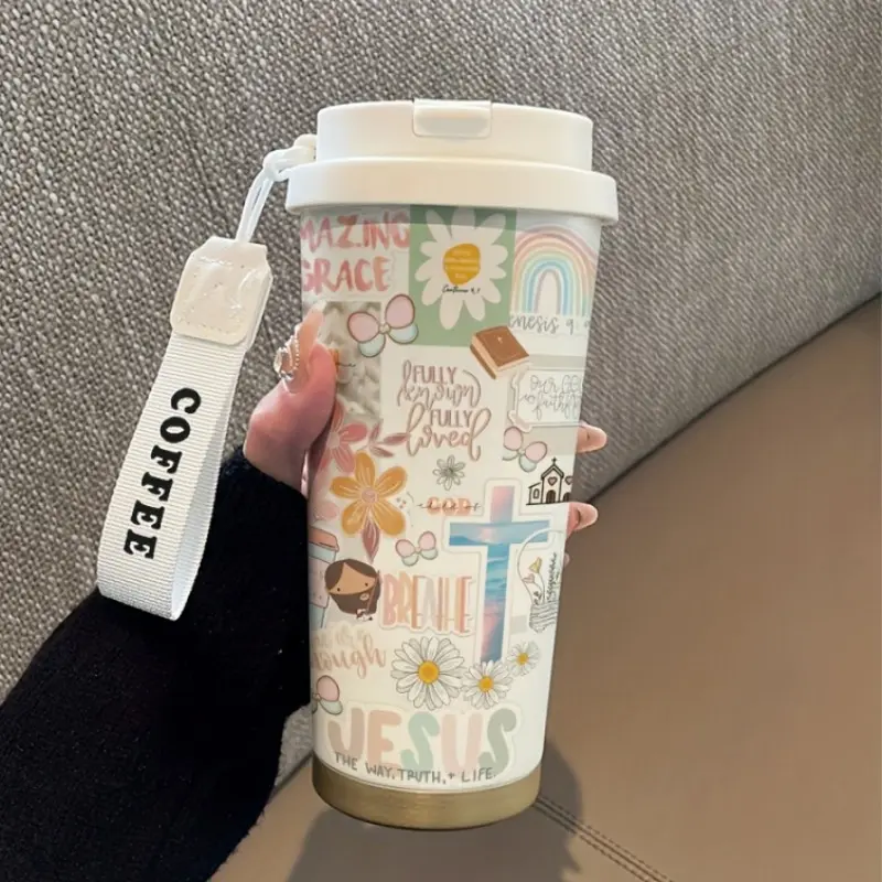 18oz Stainless Steel Thermos Mug with Daisy Stitching - Thermos Mug Compatible for Coffee & Tea, Double-Wall Insulated Cup with Lid, Portable Thermos for Office, Gym, Travel - Ideal for Hot/Cold Drinks, Gifts for Coffee Lovers