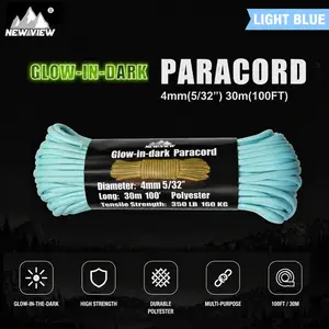 Light Blue Glow-In-Dark Paracord Rope, Polyester Cord, 350lb Tensile Strength, Ideal for Camping, Fishing, Umbrellas, Rvs, Canopies, Waterproof Fabric, Parachute Cord