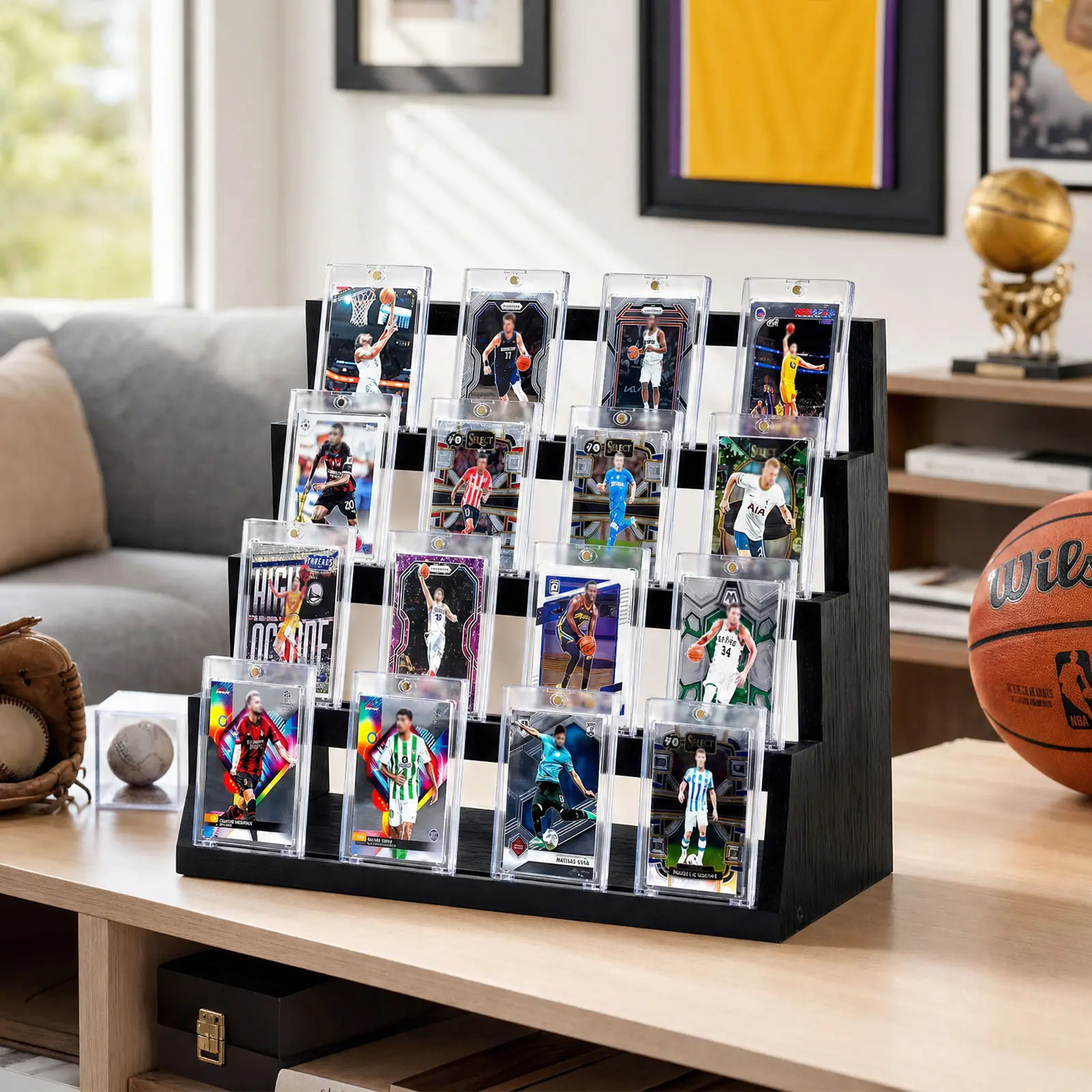 Emfogo 4-Tier Solid Wood Display Stand, Organizer Holder for Graded Sports Cards (PSA, BGS, SGC, CGC), Black