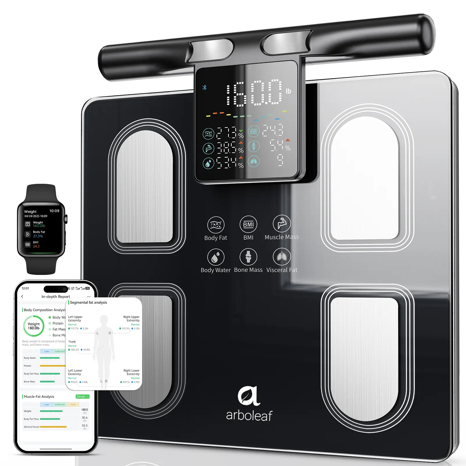 Arboleaf 8-Electrode Smart Bathroom Scale with Handle Screen, 50+ Body Metrics Bluetooth Weight Scale for Home & Gym