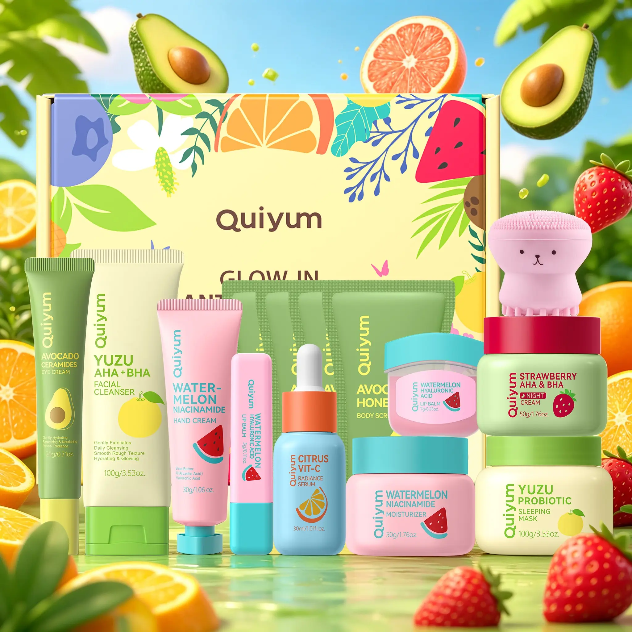 Quiyum Fruit Skincare Moisturizing Soft Skin Set, Includes Cleaner, Cream, Mask, Hand Balm, Lip Balm, Eye Cream, Exfoliator, Serum, Octopus Brush, Gift Box, Spa Gift Set