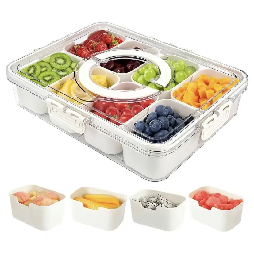 8-Section Portable Snack Tray Container [Mid Year Sale], BPA-Free Airtight Leak-Proof Lidded Snack Box with Handle, Charcuterie Board for Picnic, Family Kids Lunch Prep & Food Storage